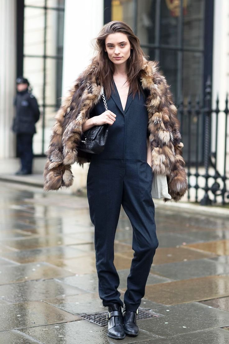 jumpsuit and fur coat
