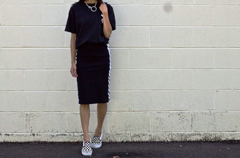 black dress with checkered vans